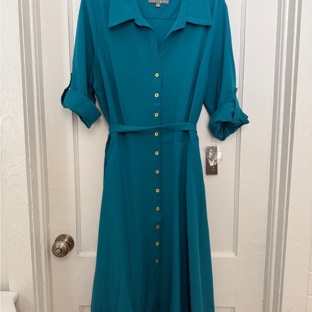 Sharagano Turquoise Midi Dress with Gold Buttons